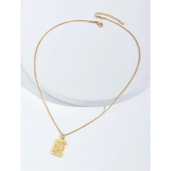 Gold Plated Letter “J” Initial Engraved Charm Tag Box Chain Necklace - Picture 3 of 4